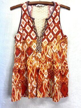 Miss Me Aztec Print Boho Tank Orange/Gold Lace Back Western Top Sz L # k